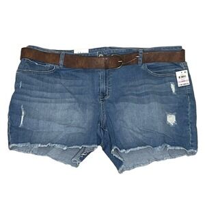 Style & Co Plus Size 22W Distressed Denim Shorts Blue Mid Rise Belted Raw Hem